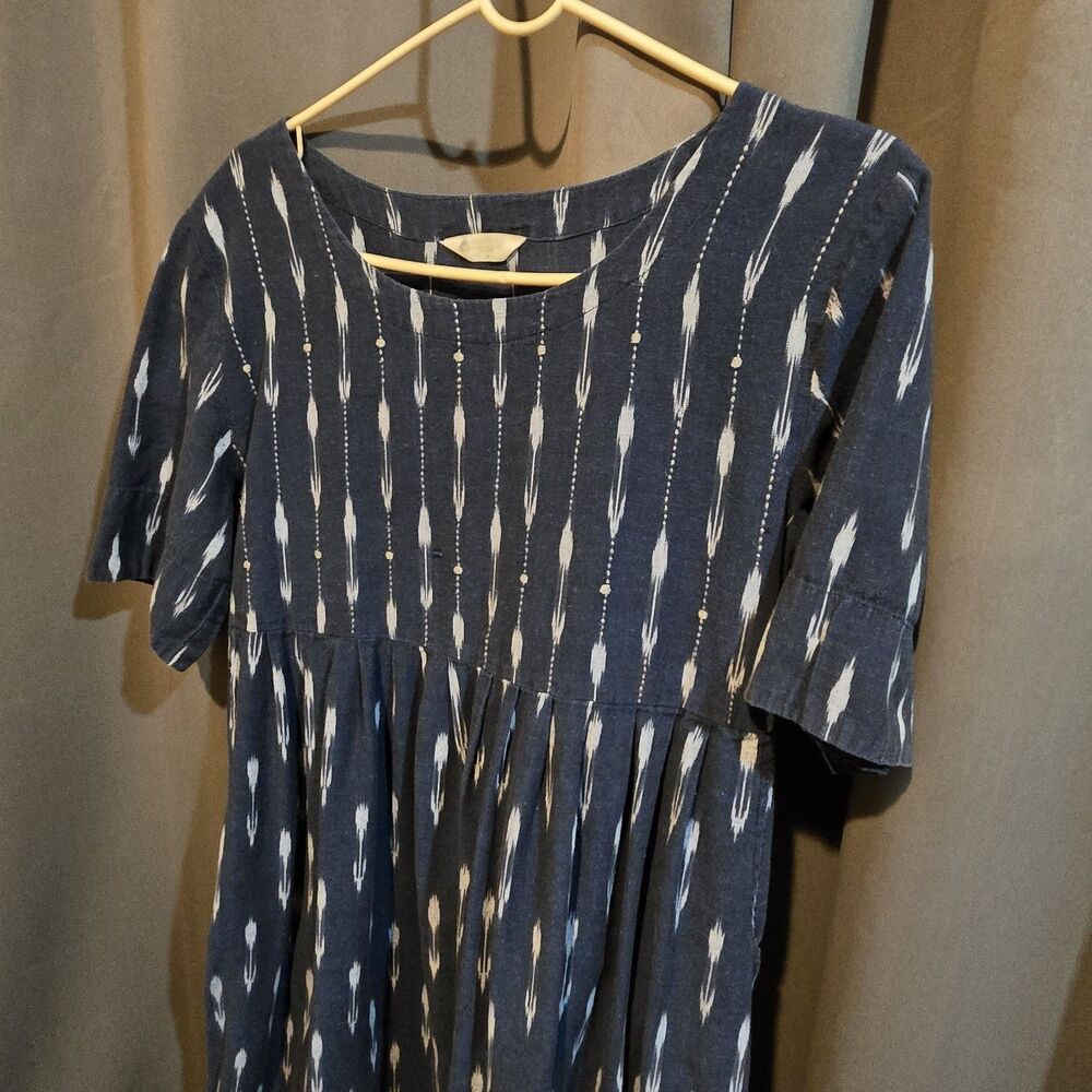 Marketplace India Blue & White Long Pleated Dress W/ Pockets, M (or L, 40 bust)